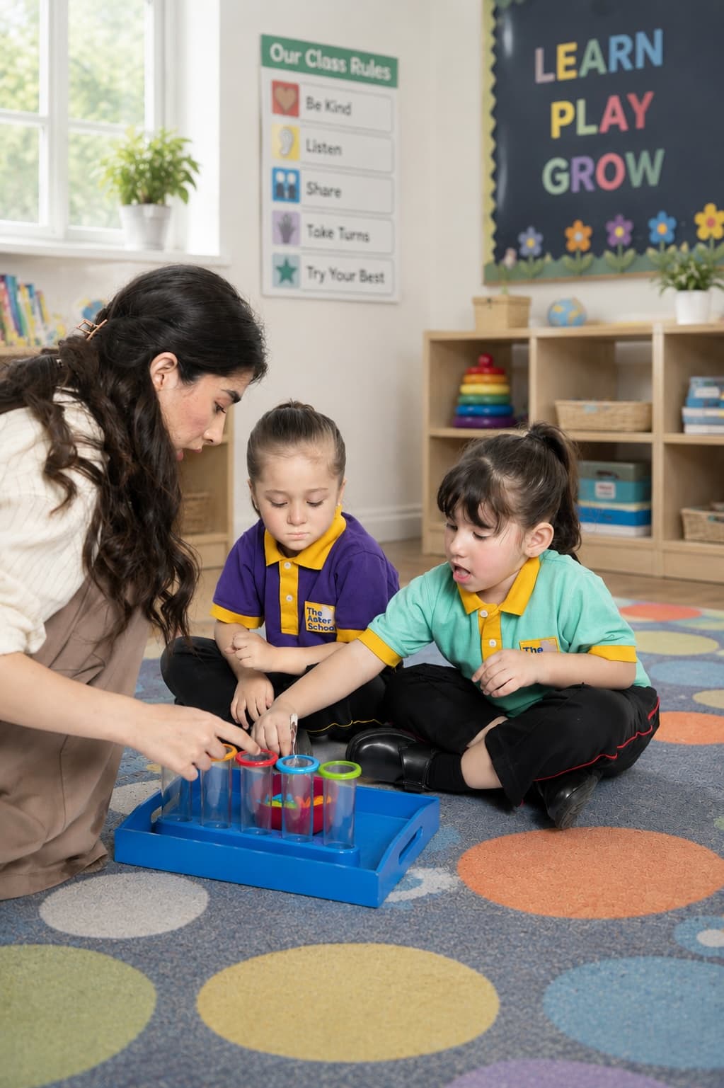 A teacher guiding two children through a hands-on activity